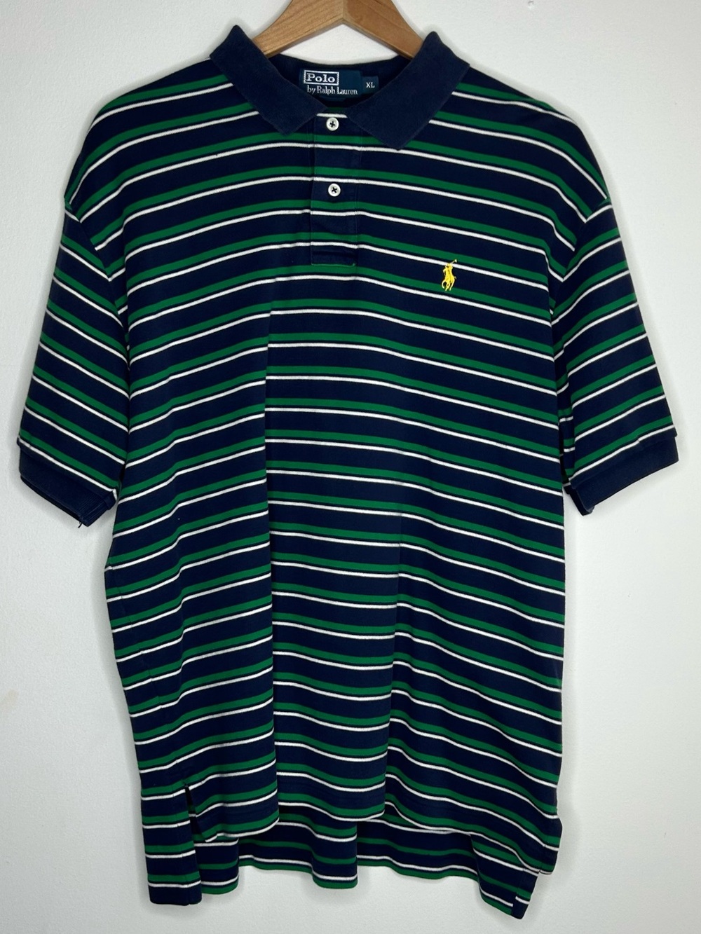 Polo by Ralph Lauren Navy, Green & White Striped Polo with Yellow Pony